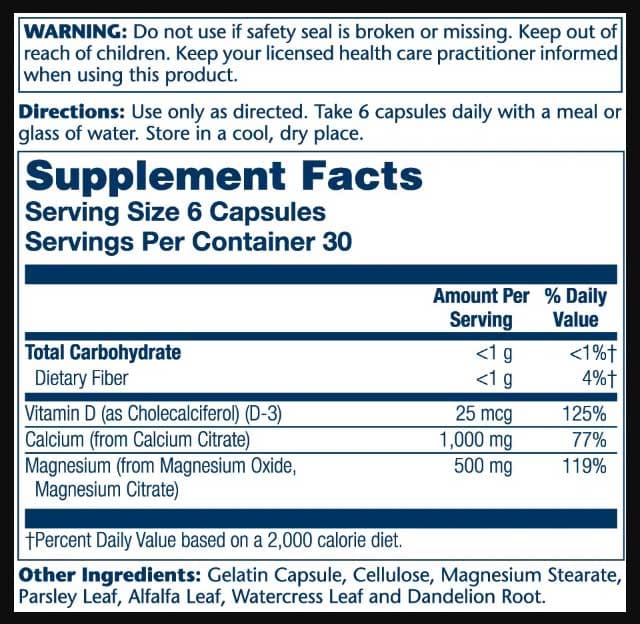 Solaray Cal-Mag Citrate with Vitamin D 2:1 Ratio Ingredients