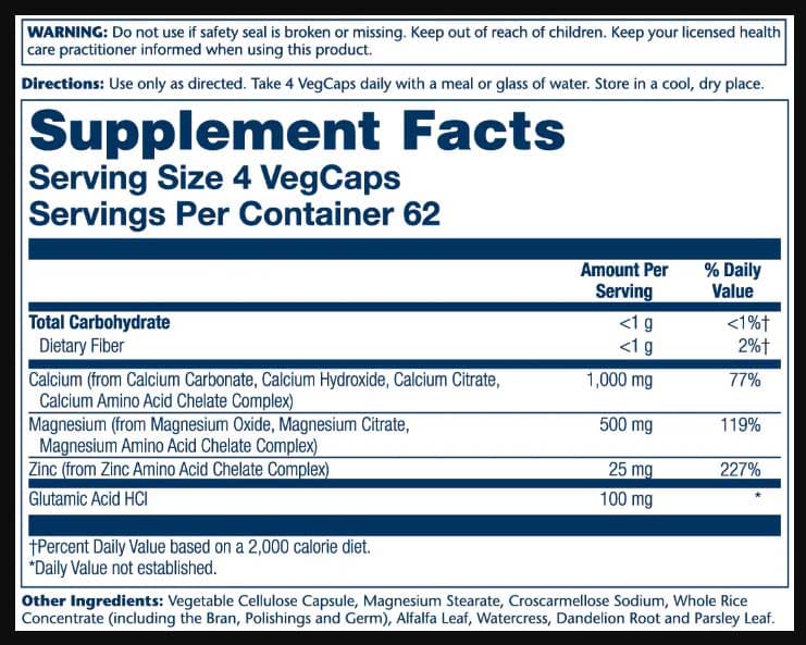 Solaray Calcium Magnesium Zinc Ingredients