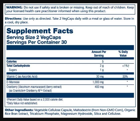 Solaray D-Mannose With CranActin Ingredients