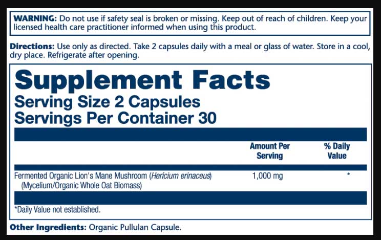 Solaray Fermented Lion's Mane 1000 mg Ingredients