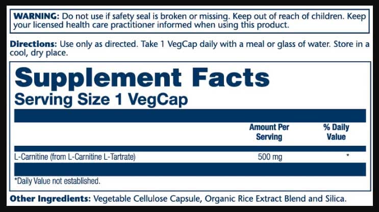 Solaray L-Carnitine Free Form 500 mg Ingredients