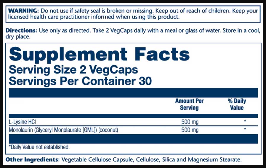 Solaray L-Lysine Monolaurin 1:1 Ratio Ingredients
