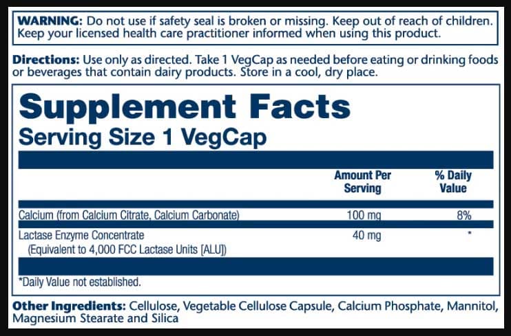 Solaray Lactase 40 mg Ingredients