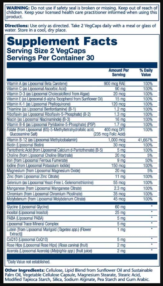 Solaray Liposomal Universal MultiVitamin Ingredients