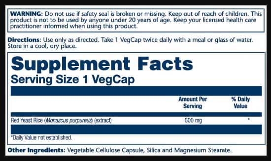 Solaray Red Yeast Rice 600 mg Ingredients