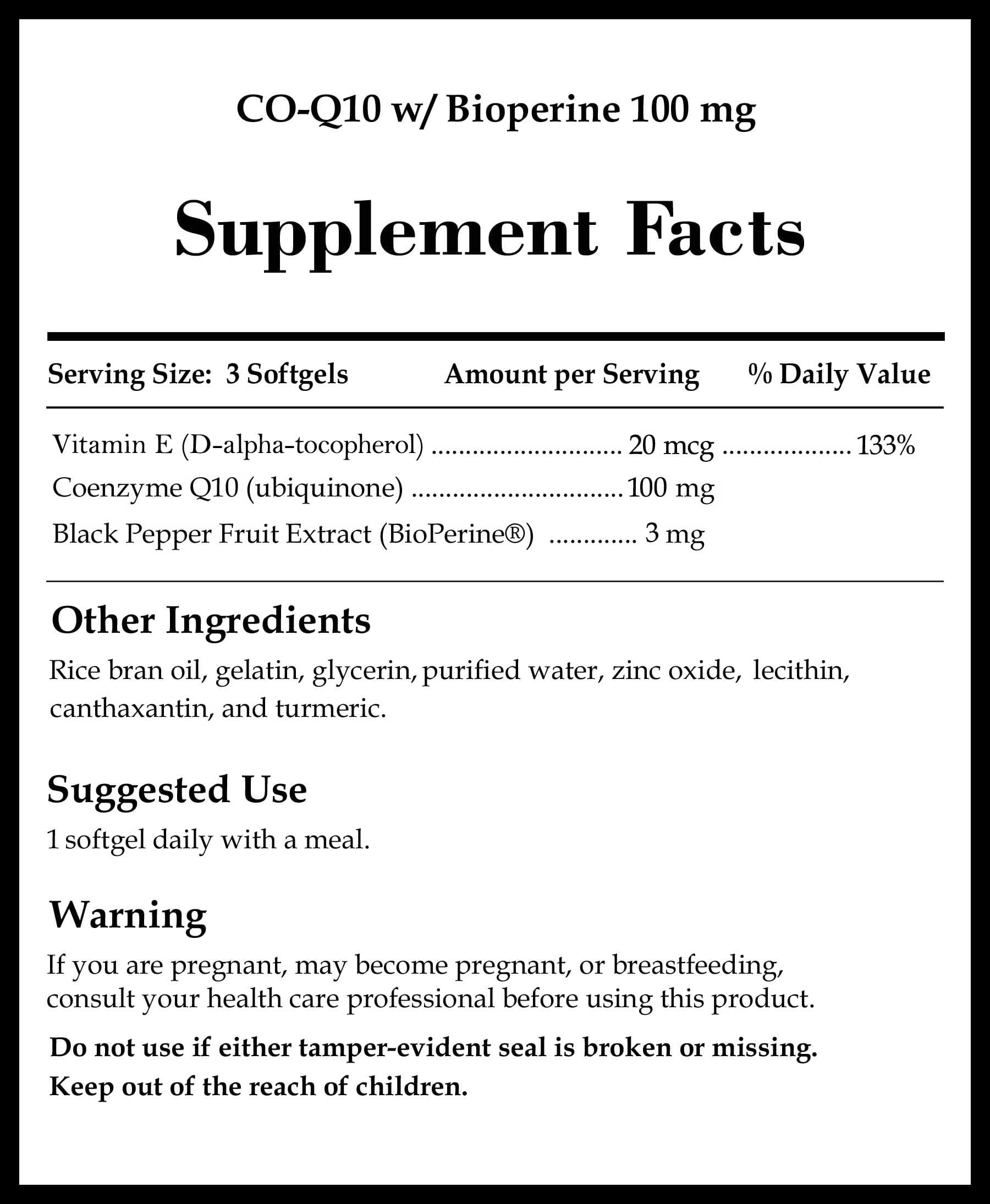 Source Naturals CO-Q10 w/Bioperine 100 mg Ingredients