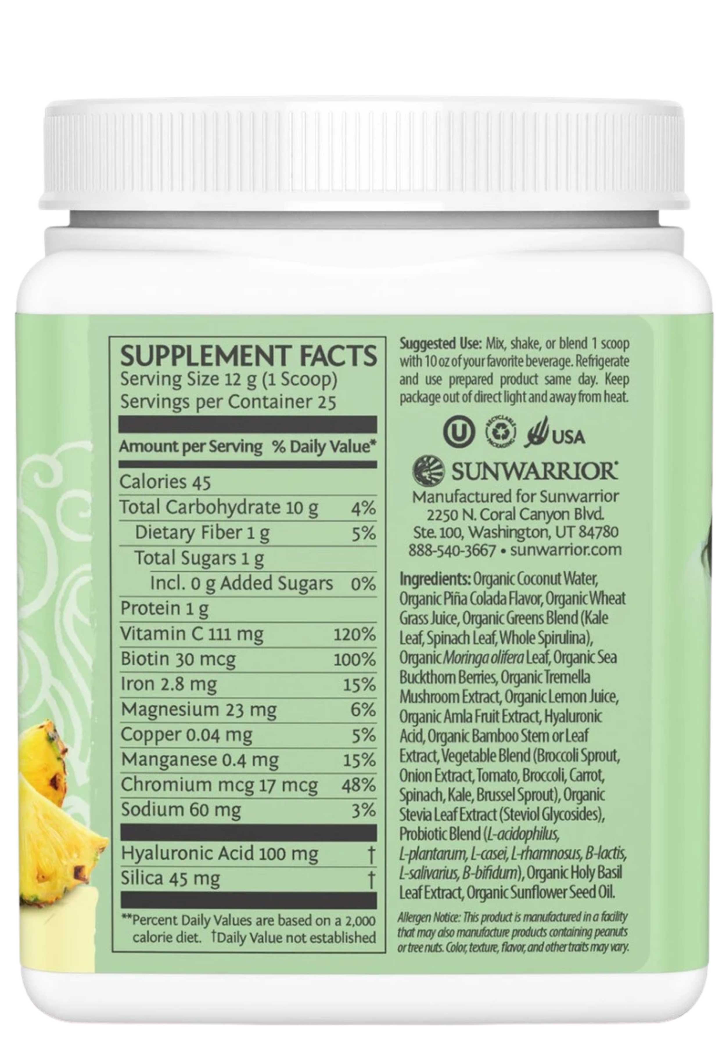Sunwarrior Beauty Greens Collagen Booster Piña Colada Ingredients