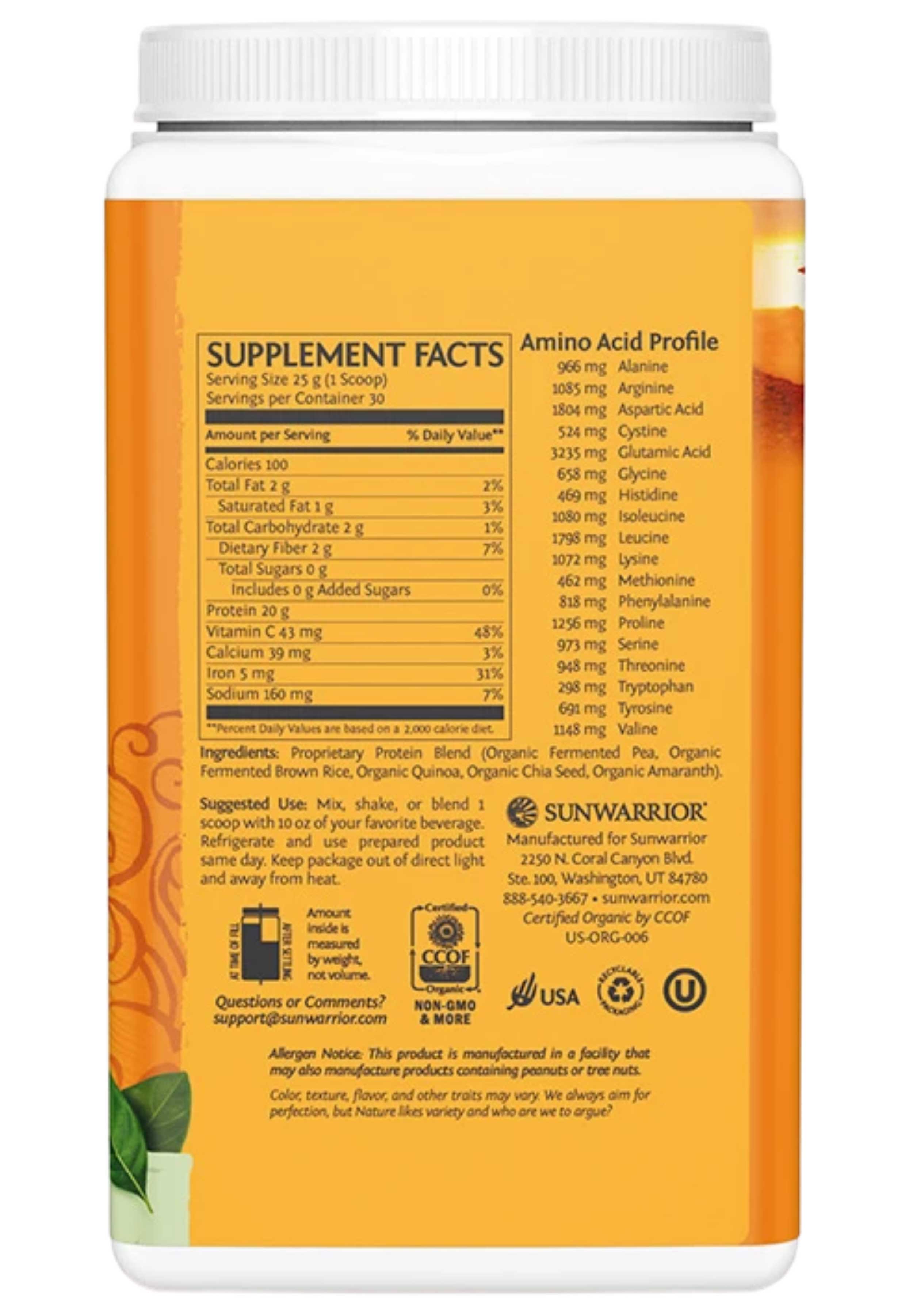 Sunwarrior Classic Plus 750g (30 servings) Ingredients