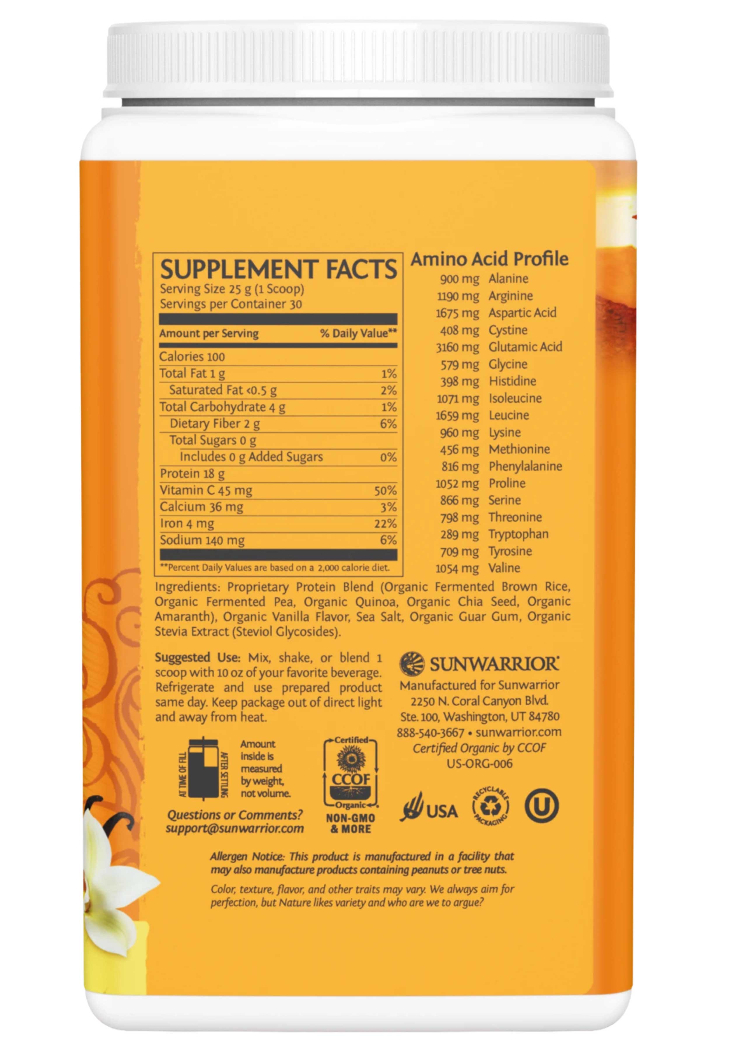 Sunwarrior Classic Plus 750g (30 servings) Ingredients