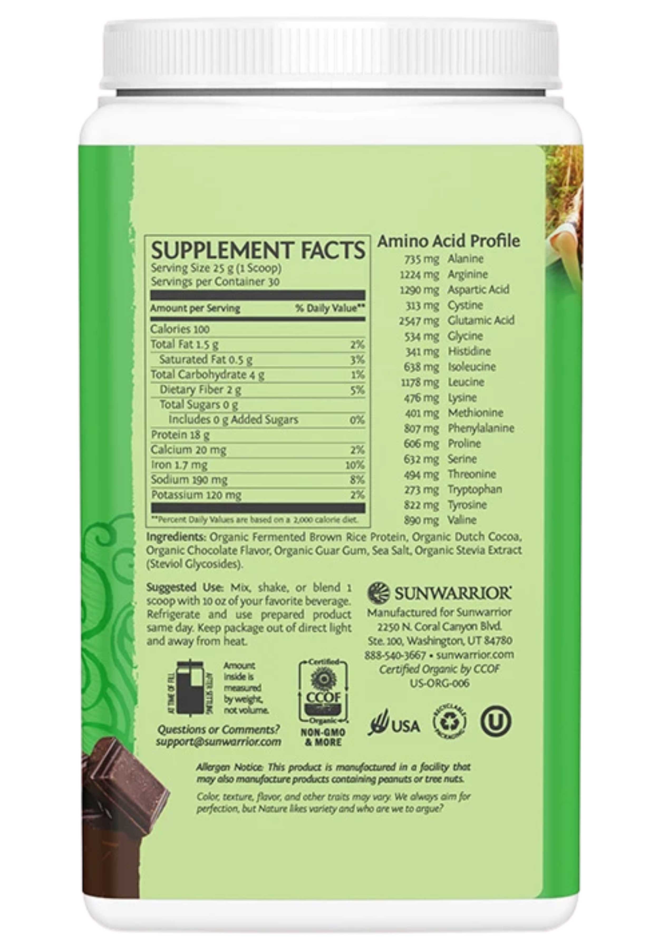 Sunwarrior Classic Protein 750g (30 servings) Ingredients