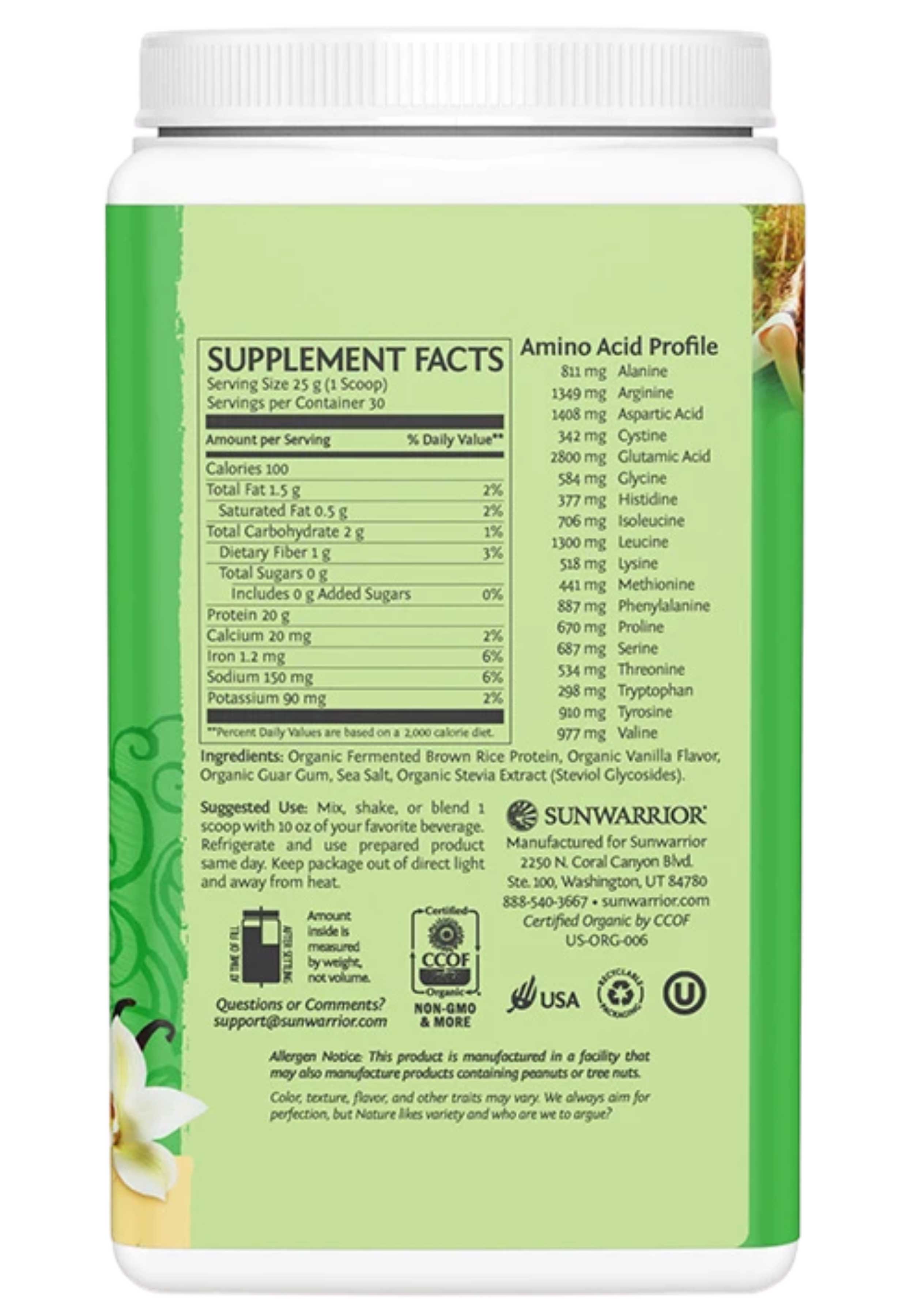 Sunwarrior Classic Protein 750g (30 servings) Ingredients