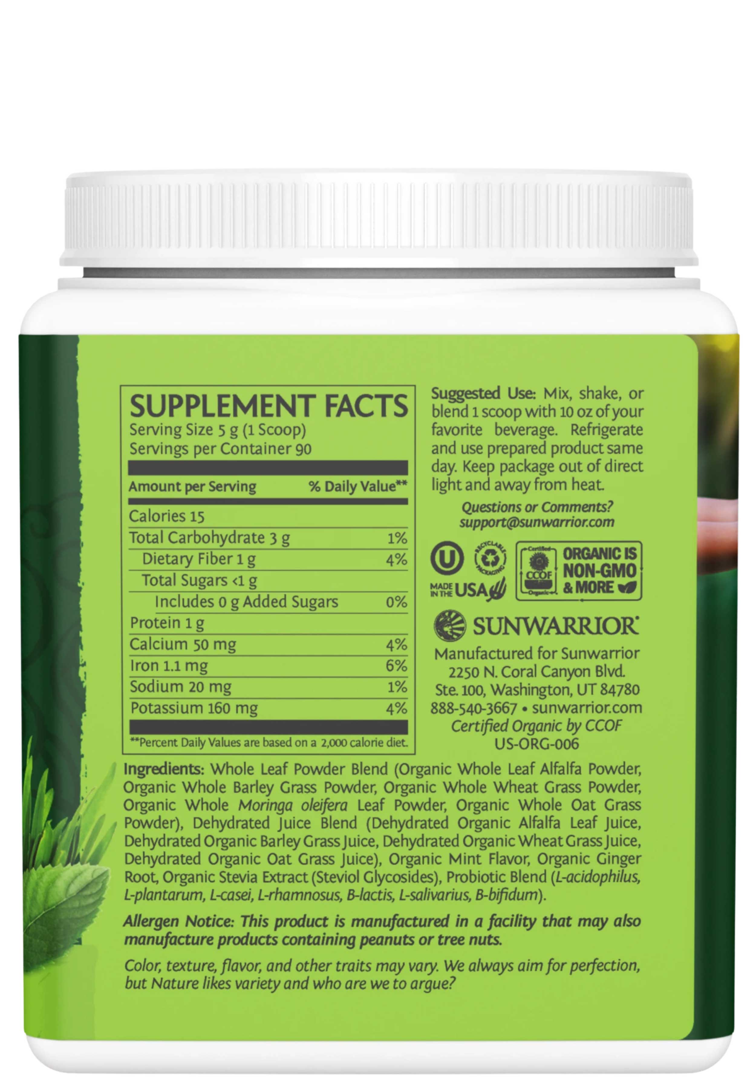 Sunwarrior Ormus Super Greens Mint Ingredients