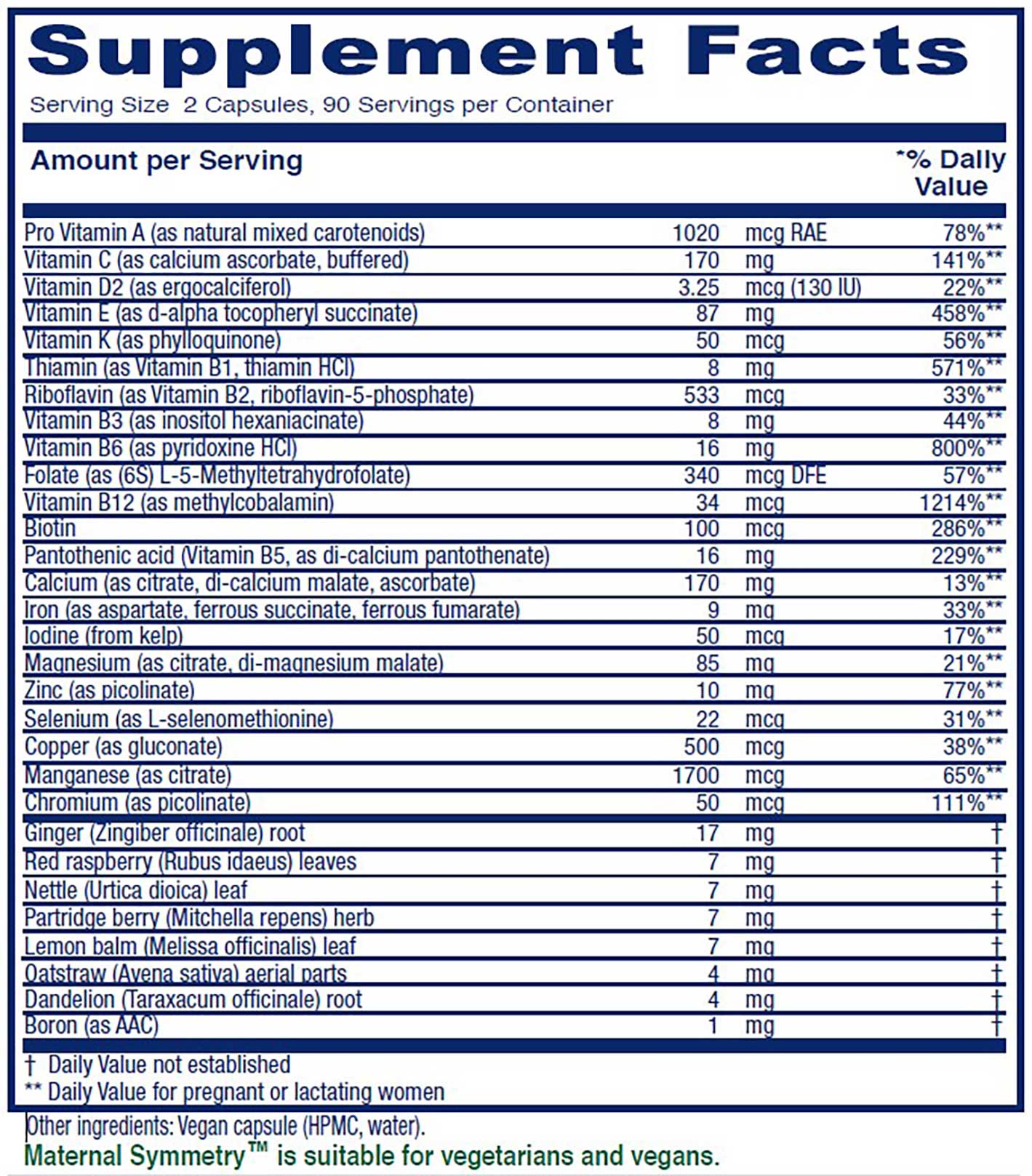 Vitanica Maternal Symmetry Ingredients