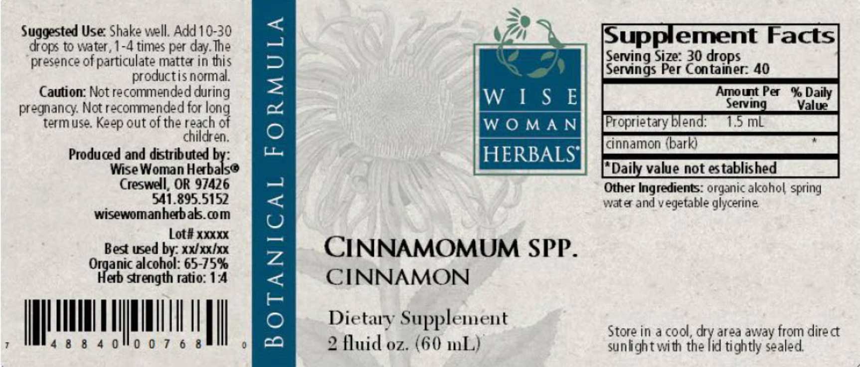 Wise Woman Herbals Cinnamomum Aromaticum Cinnamon Label
