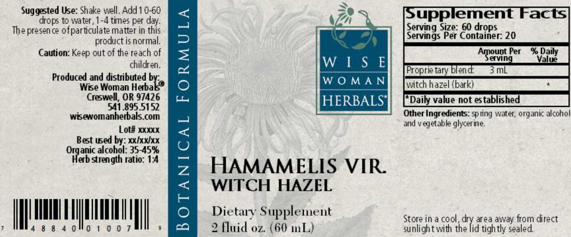 Wise Woman Herbals Hamamelis Virginiana Witch Hazel Label
