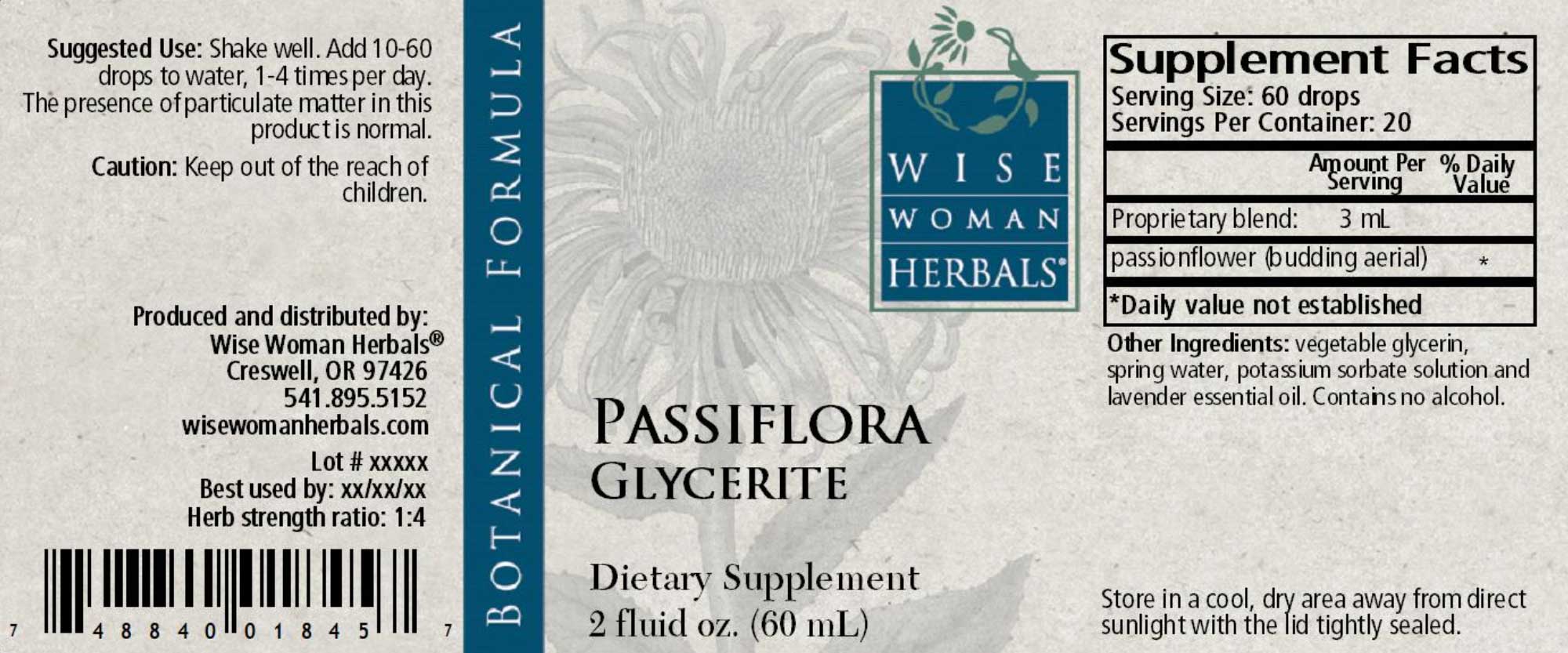 Wise Woman Herbals Passiflora (Passionflower) Glycerite Label