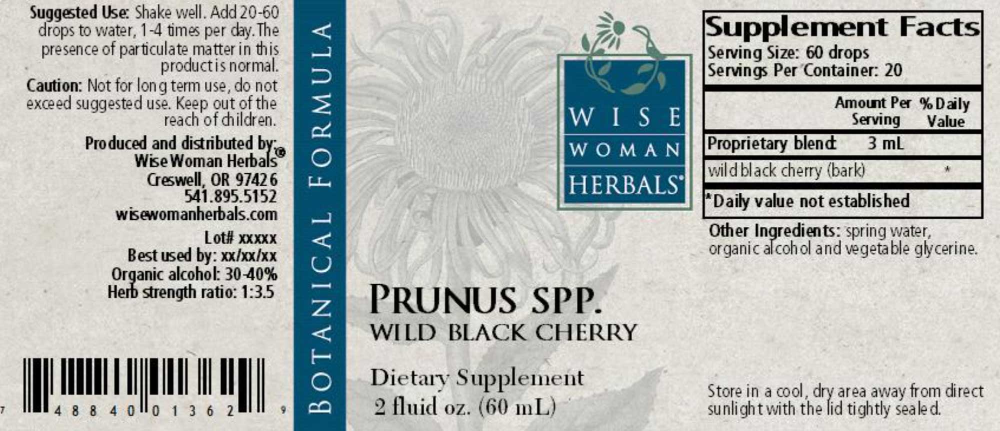 Wise Woman Herbals Prunus Spp Wild Black Cherry Bark Label