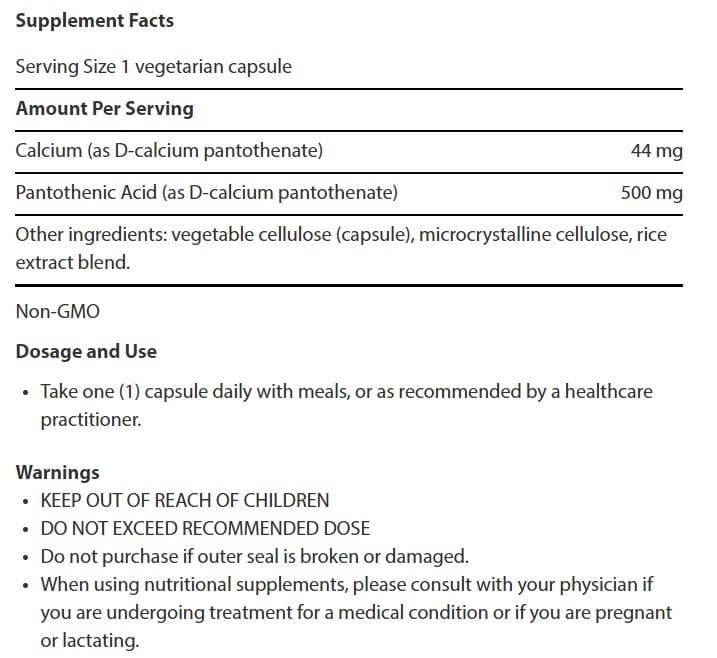 Life Extension Pantothenic Acid (Vitamin B-5) Ingredients