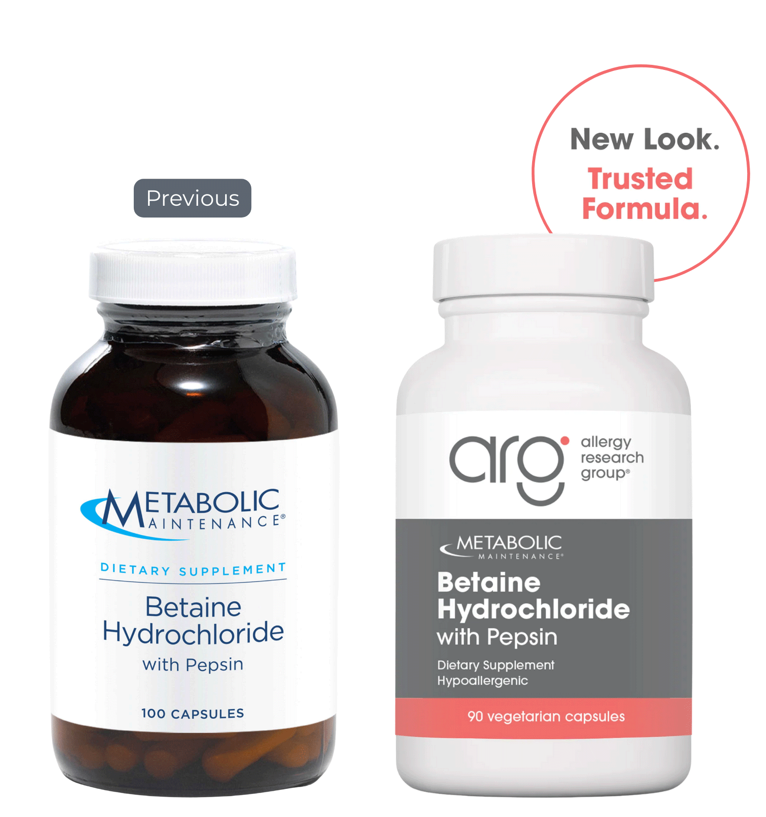 Allergy Research Group Betaine Hydrochloride with Pepsin (Formerly Metabolic Maintenance) New Look