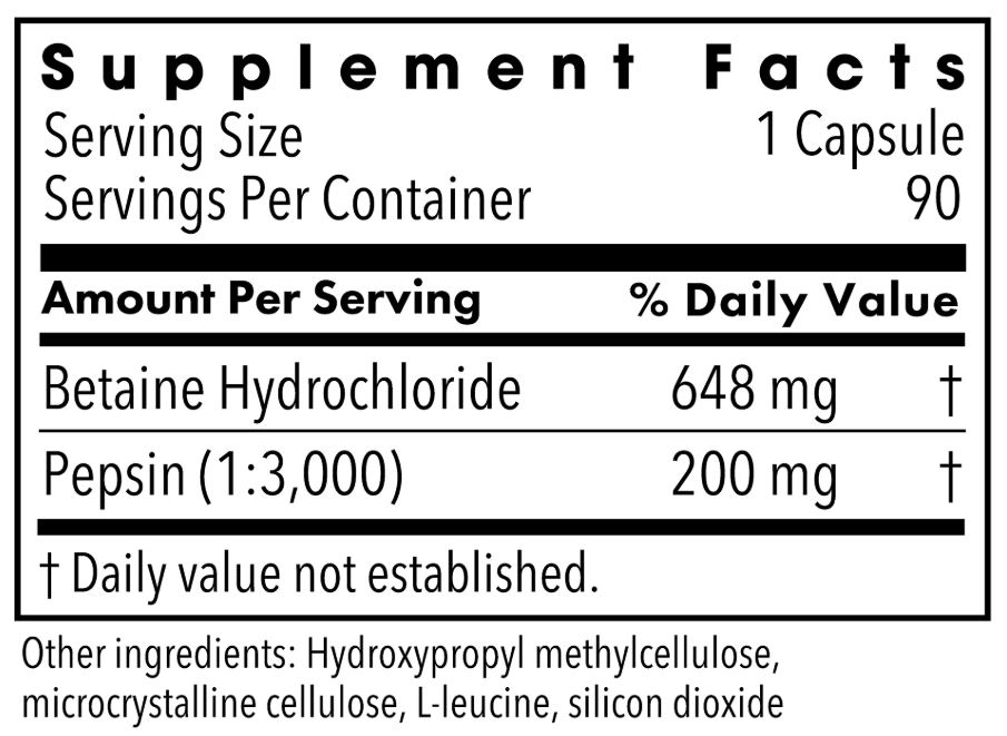 Allergy Research Group Betaine Hydrochloride with Pepsin (Formerly Metabolic Maintenance) Ingredients
