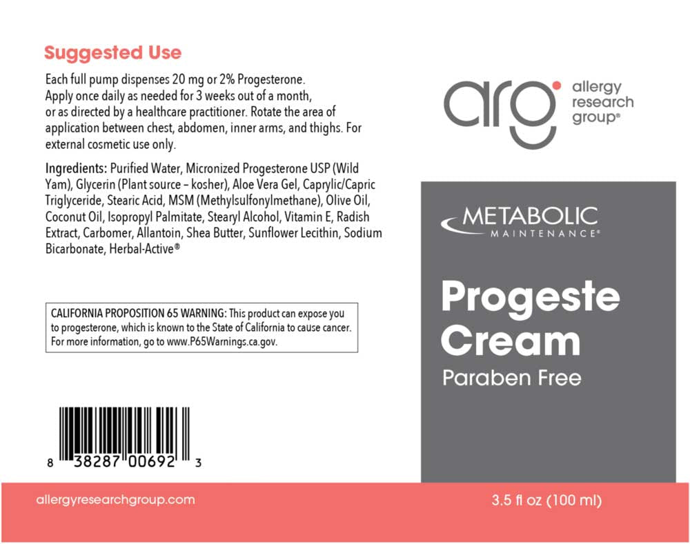 Allergy Research Group Progeste Cream Paraben Free (Formerly Metabolic Maintenance) Label