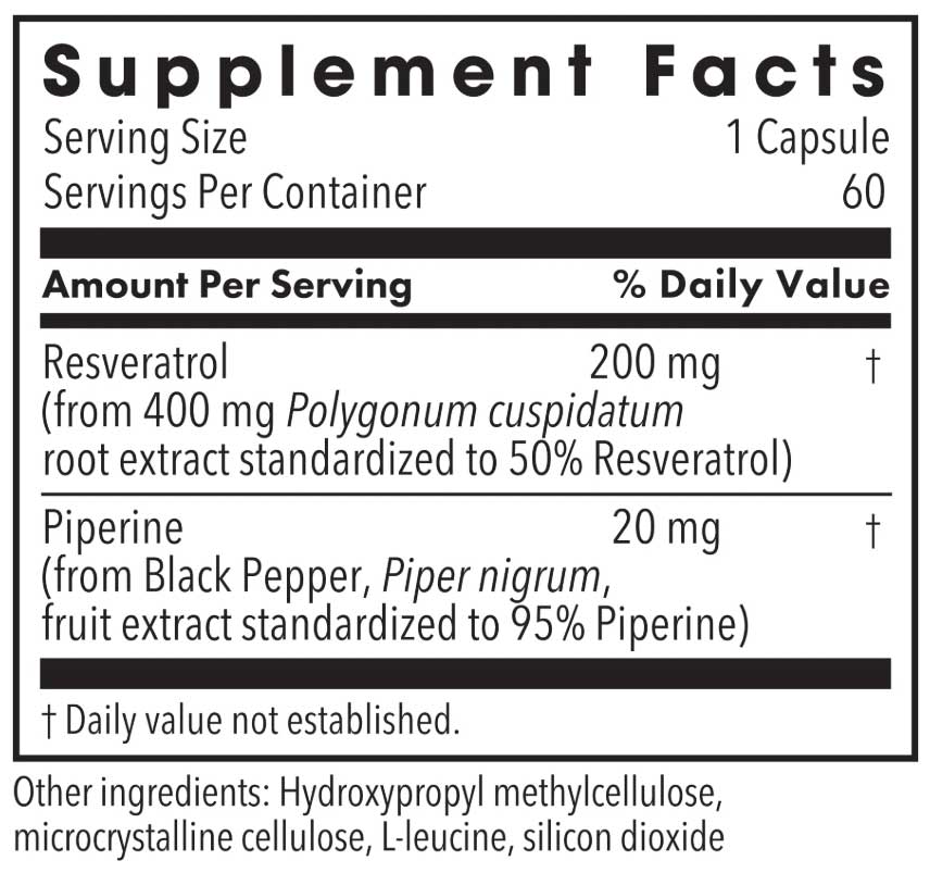Allergy Research Group Resveratrol with Piperine 200 mg (Formerly Metabolic Maintenance) Ingredients