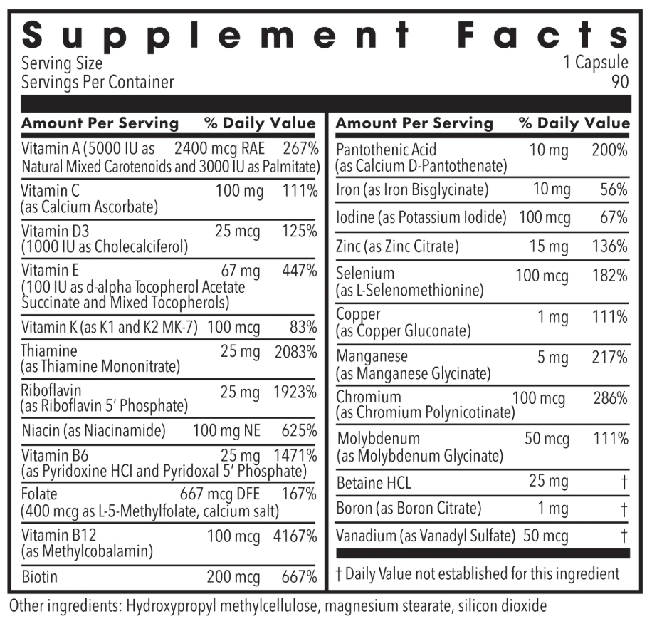 Allergy Research Group The Big One with Iron Multivitamin (Formerly Metabolic Maintenance) Ingredients
