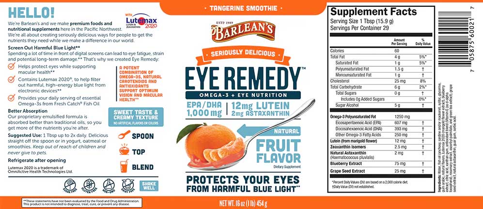 Barlean's Organic Oils Eye Remedy Swirl Tangerine Smoothie Label