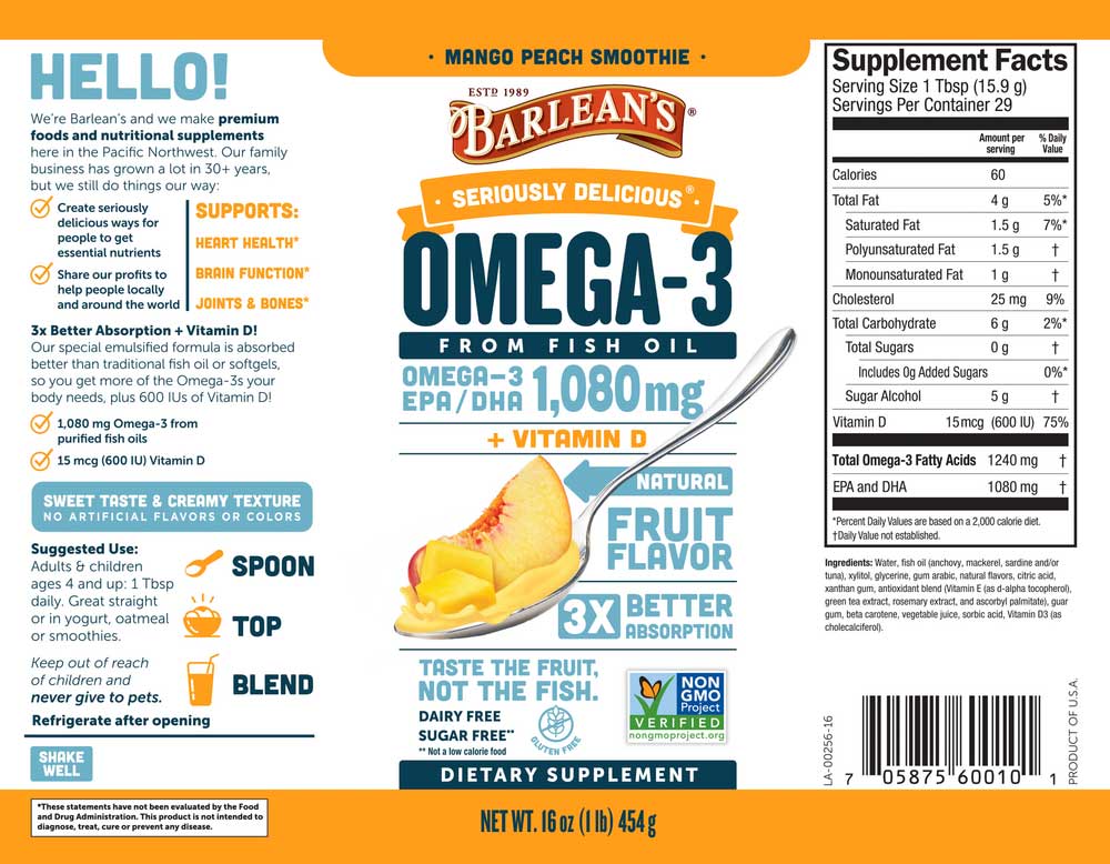 Barlean's Organic Oils Seriously Delicious™ Omega-3 Fish Oil Mango Peach Smoothie Label