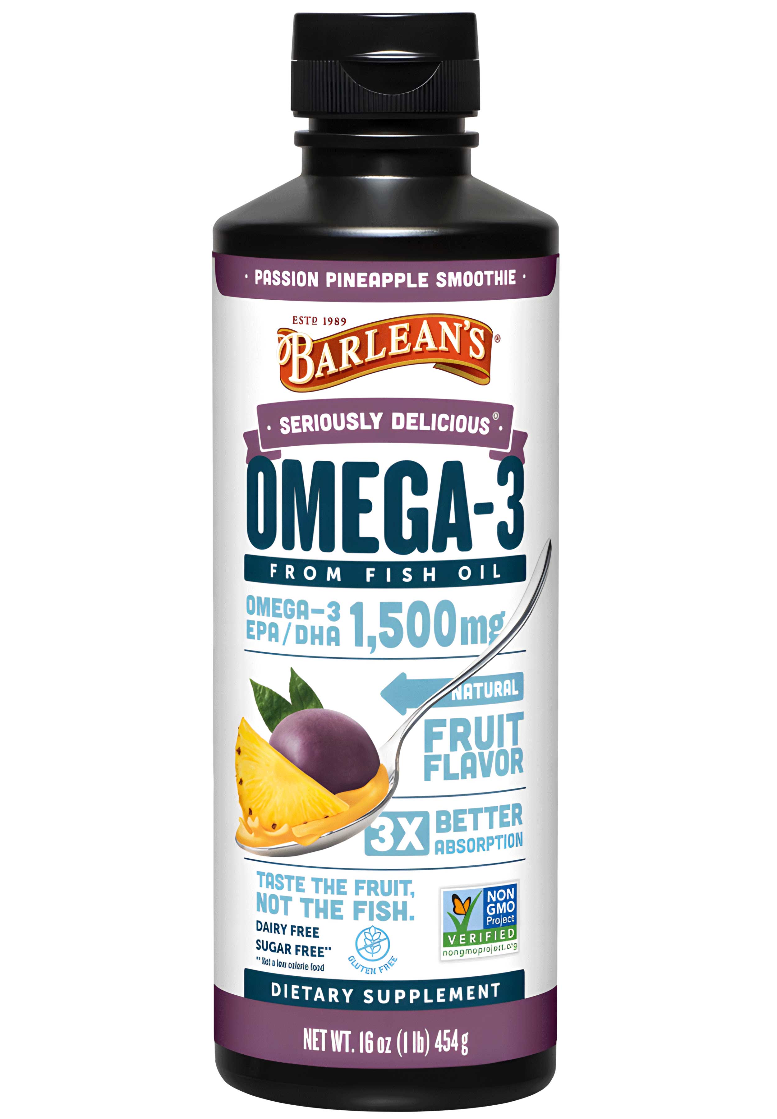Barlean's Organic Oils Seriously Delicious Omega-3 High Potency Fish Oil Passion Pineapple Smoothie