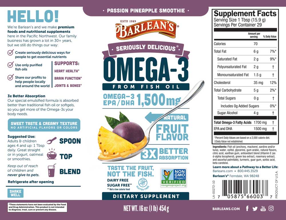 Barlean's Organic Oils Seriously Delicious Omega-3 High Potency Fish Oil Passion Pineapple Smoothie Label