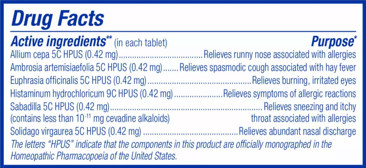 Boiron Homeopathics AllergyCalm Kids Tablets (Formerly RhinAllergy Kids) Ingredients