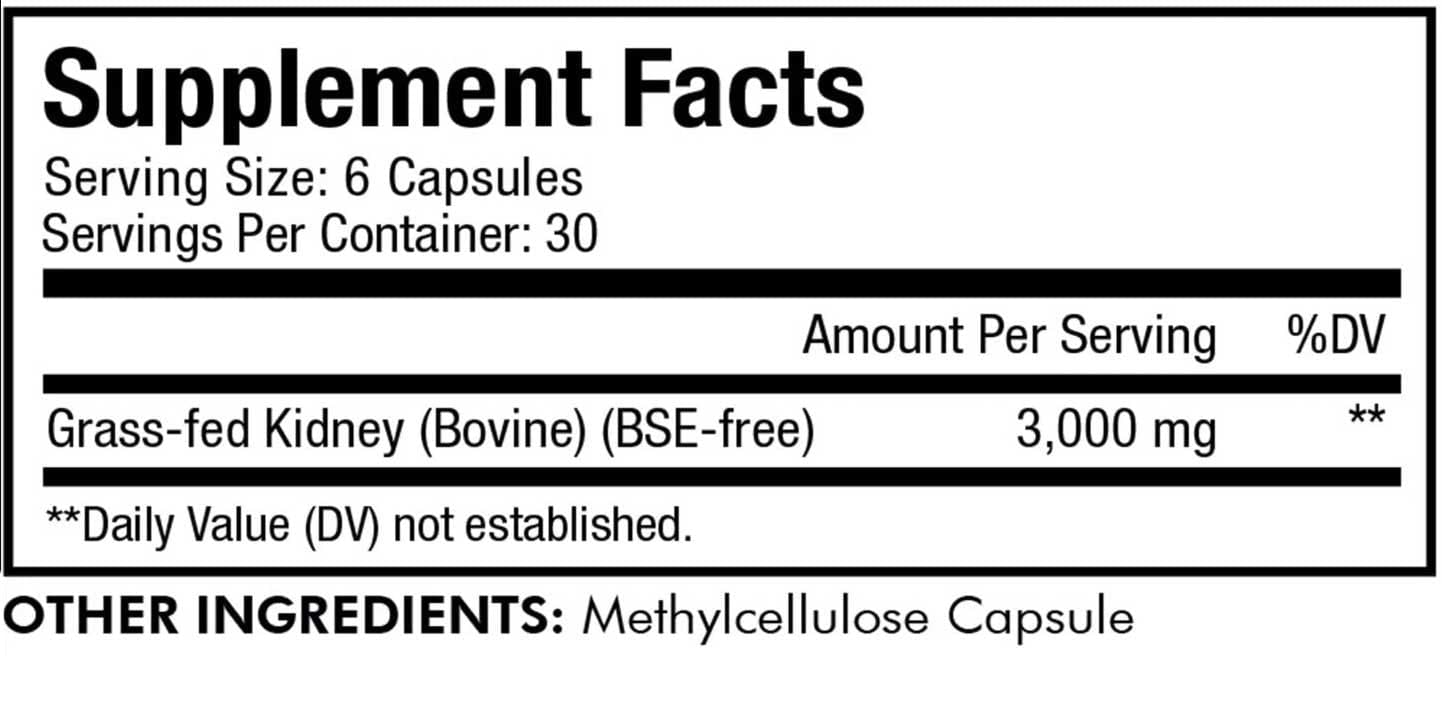 Codeage Grass-Fed Beef Kidney Ingredienrs