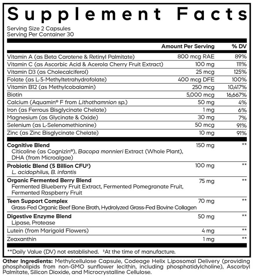 Codeage Teen Multivitamin+ Platinum Ingredients