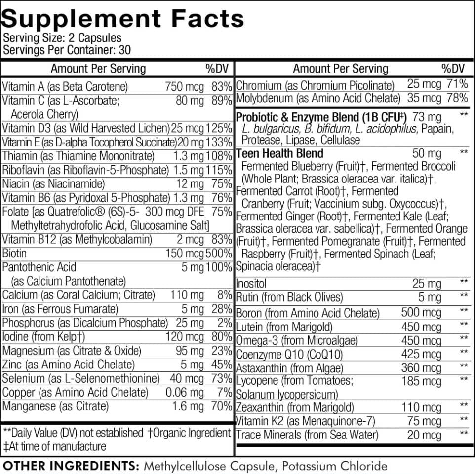 Codeage Teens Fermented Multivitamin+ Ingredients