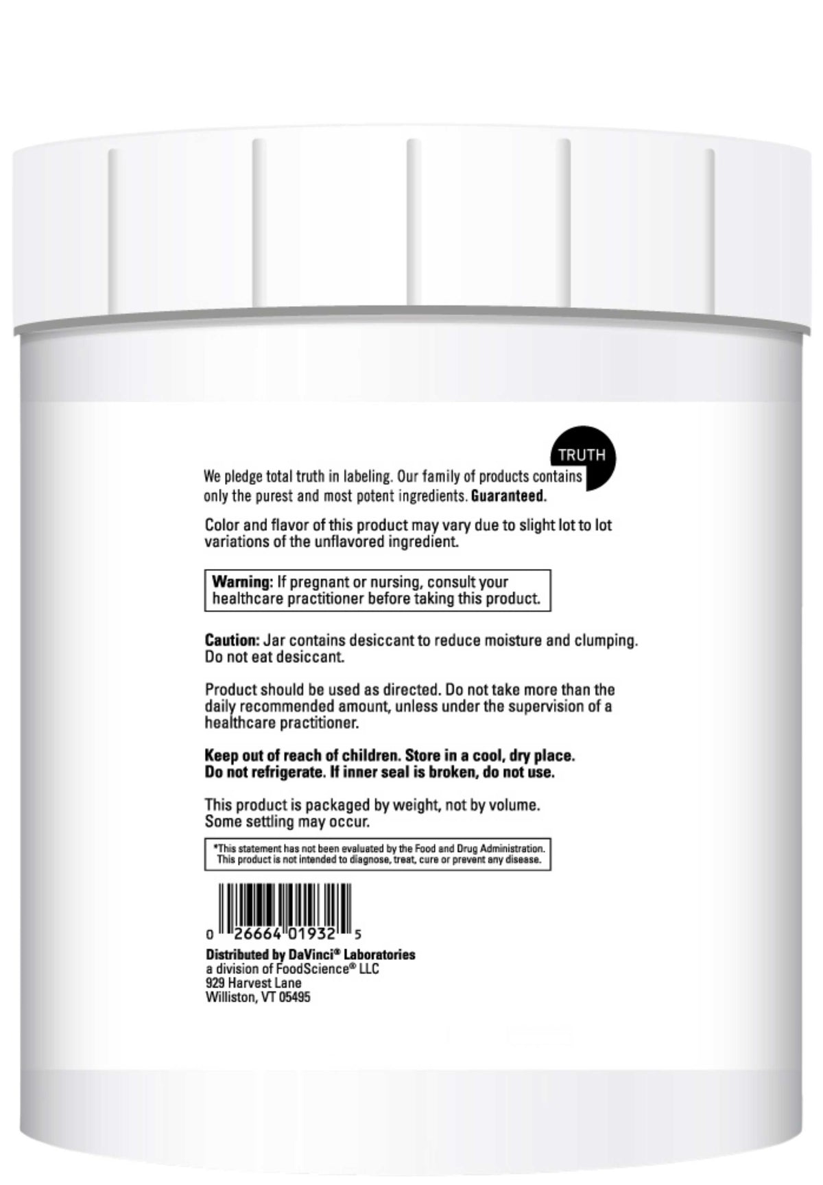 DaVinci Labs Hydrolyzed Collagen Peptides Powder Back