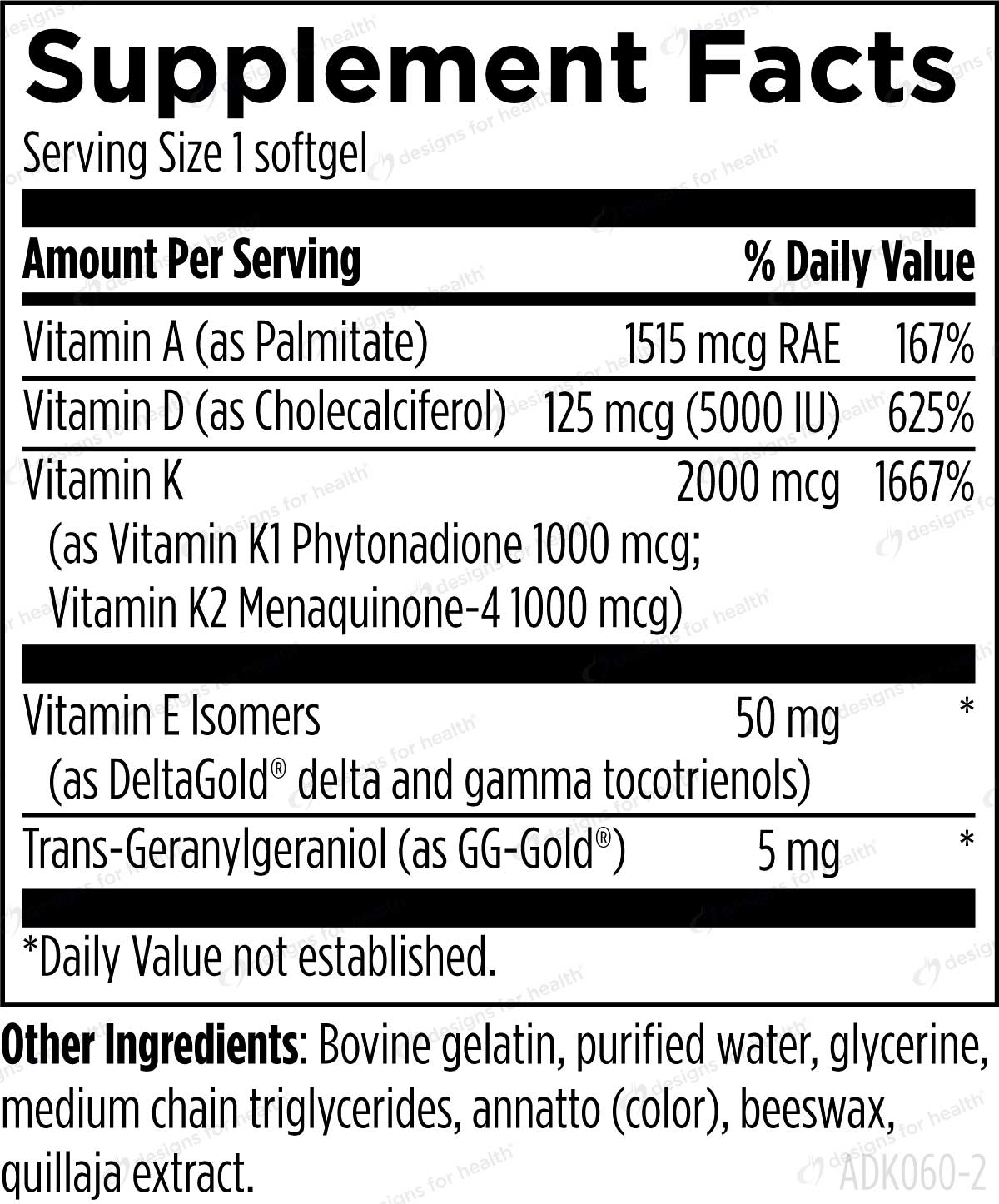 Designs for Health ADK Evail™ (formerly Vitamin D Complex) Ingredients 