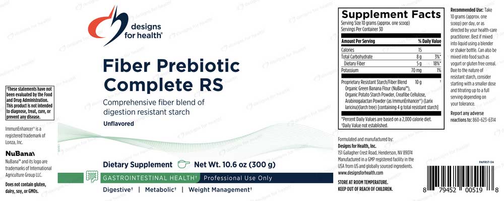 Designs for Health Fiber Prebiotic Complete RS (Formerly PaleoFiber RS) Label
