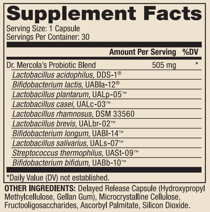 Dr. Mercola Complete Probiotics 100 billion CFU Ingredients 