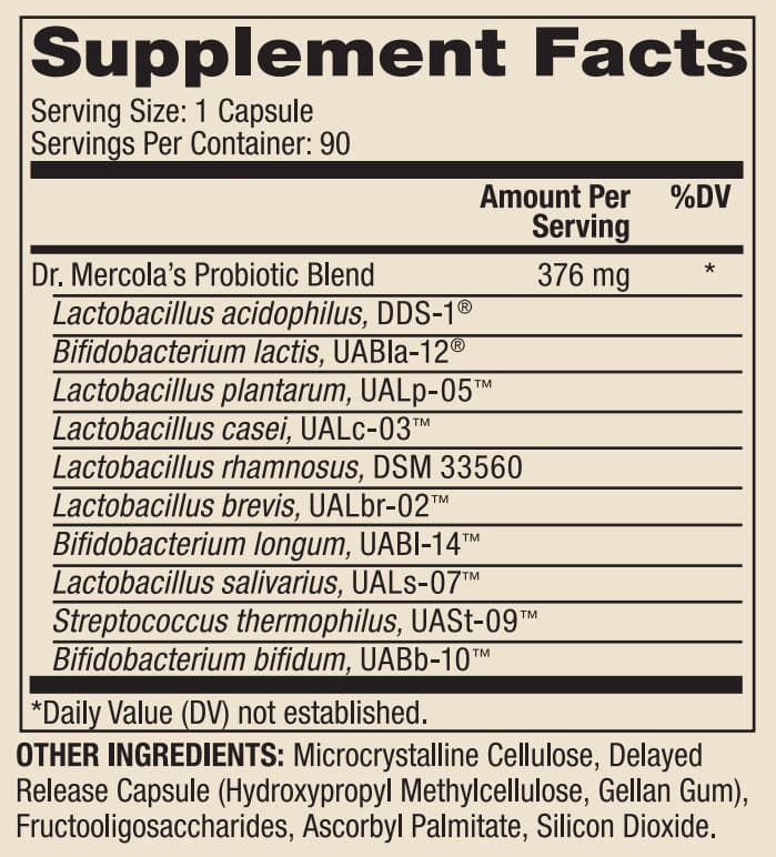 Dr. Mercola Complete Probiotics 70 Billion CFU Ingredients 