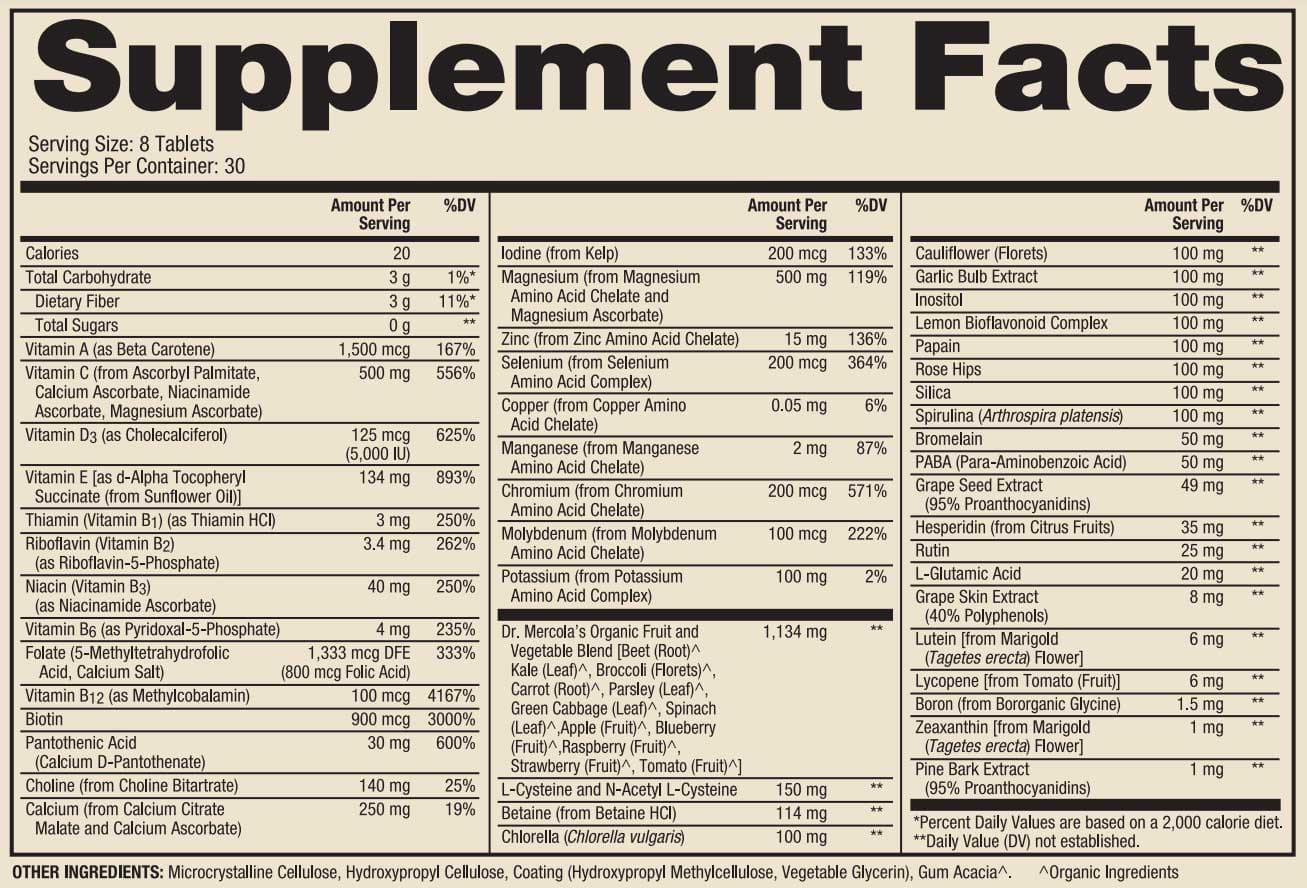 Dr. Mercola Whole Food Complex (Formerly Whole Food Multivitamin Plus) Ingredients
