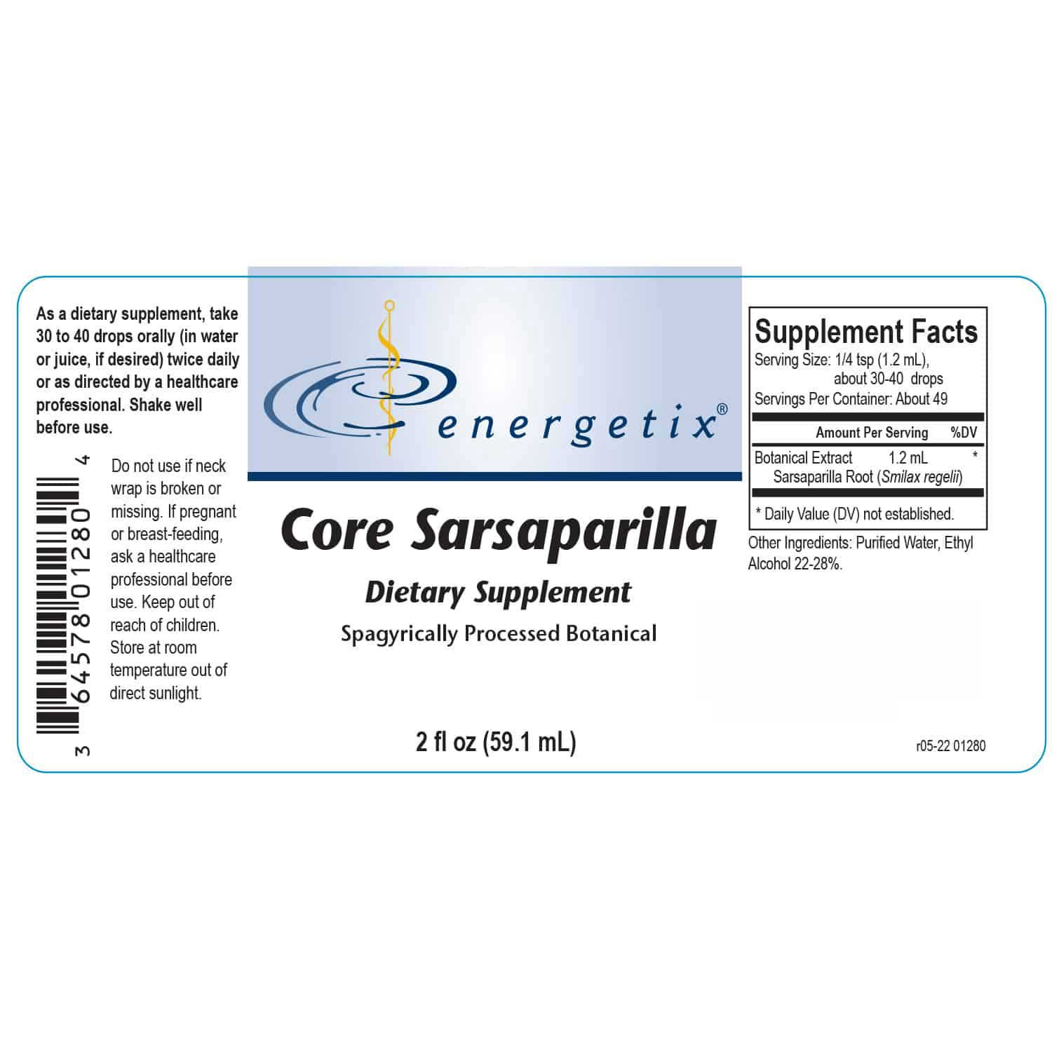 Energetix Core Sarsaparilla Label