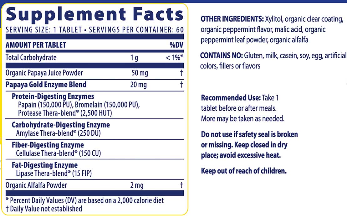 Enzymedica Papaya Gold Ingredients