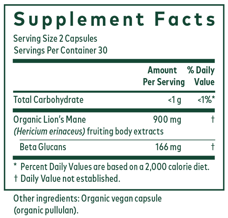 Gaia Herbs Professional Solutions Lion's Mane Mushroom Ingredients