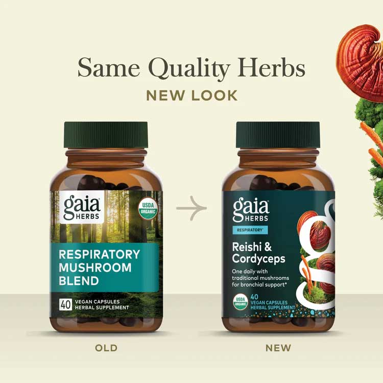 Gaia Herbs Respiratory Reishi & Cordyceps (Formerly Respiratory Mushroom Blend) New Look
