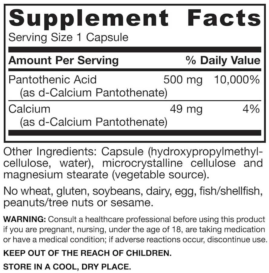 Jarrow Formulas Pantothenic Acid B5 500 mg Ingredients