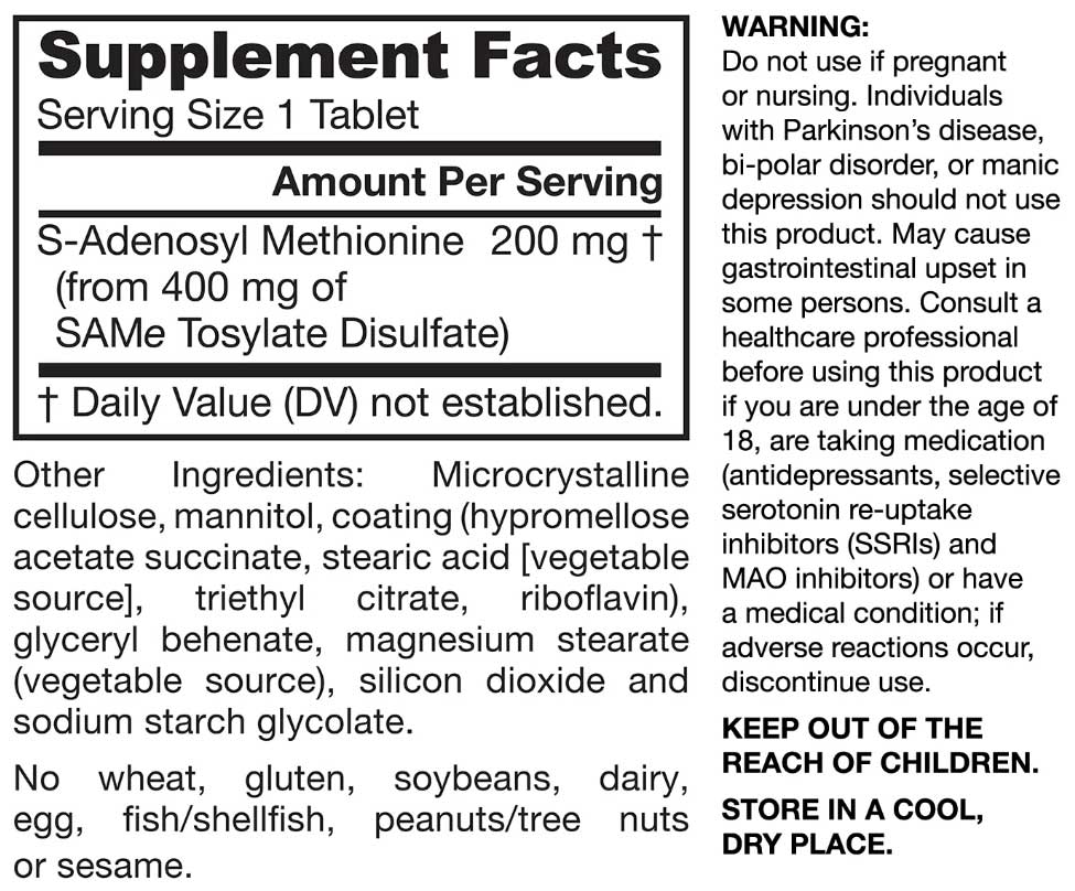 Jarrow Formulas SAMe 200 mg Ingredients