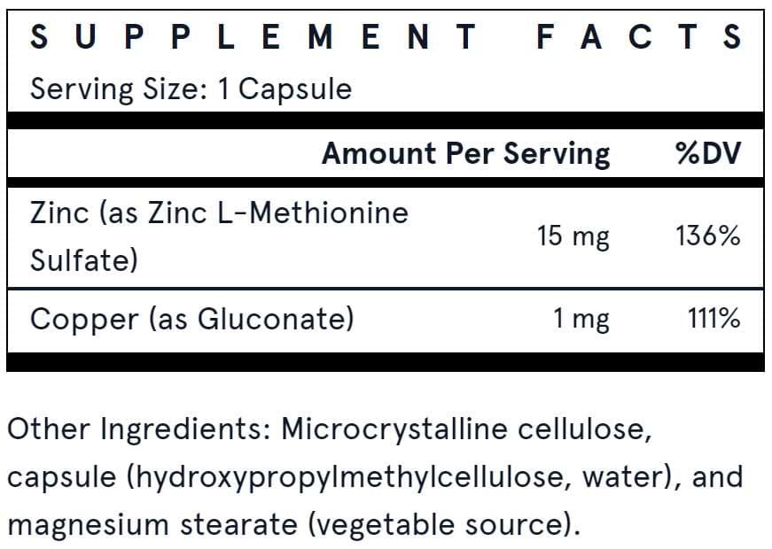 Jarrow Formulas Zinc Balance 15 mg Ingredients 