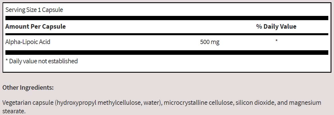 Klaire Labs Alpha-Lipoic Acid 500 mg Ingredients