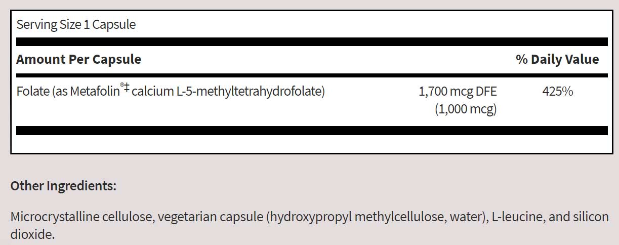 Klaire Labs L-Methylfolate Ingredients